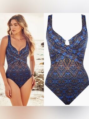 Miraclesuit Criss Cross Escape One Piece Swimsuit in Thebes Blue Multi size 12